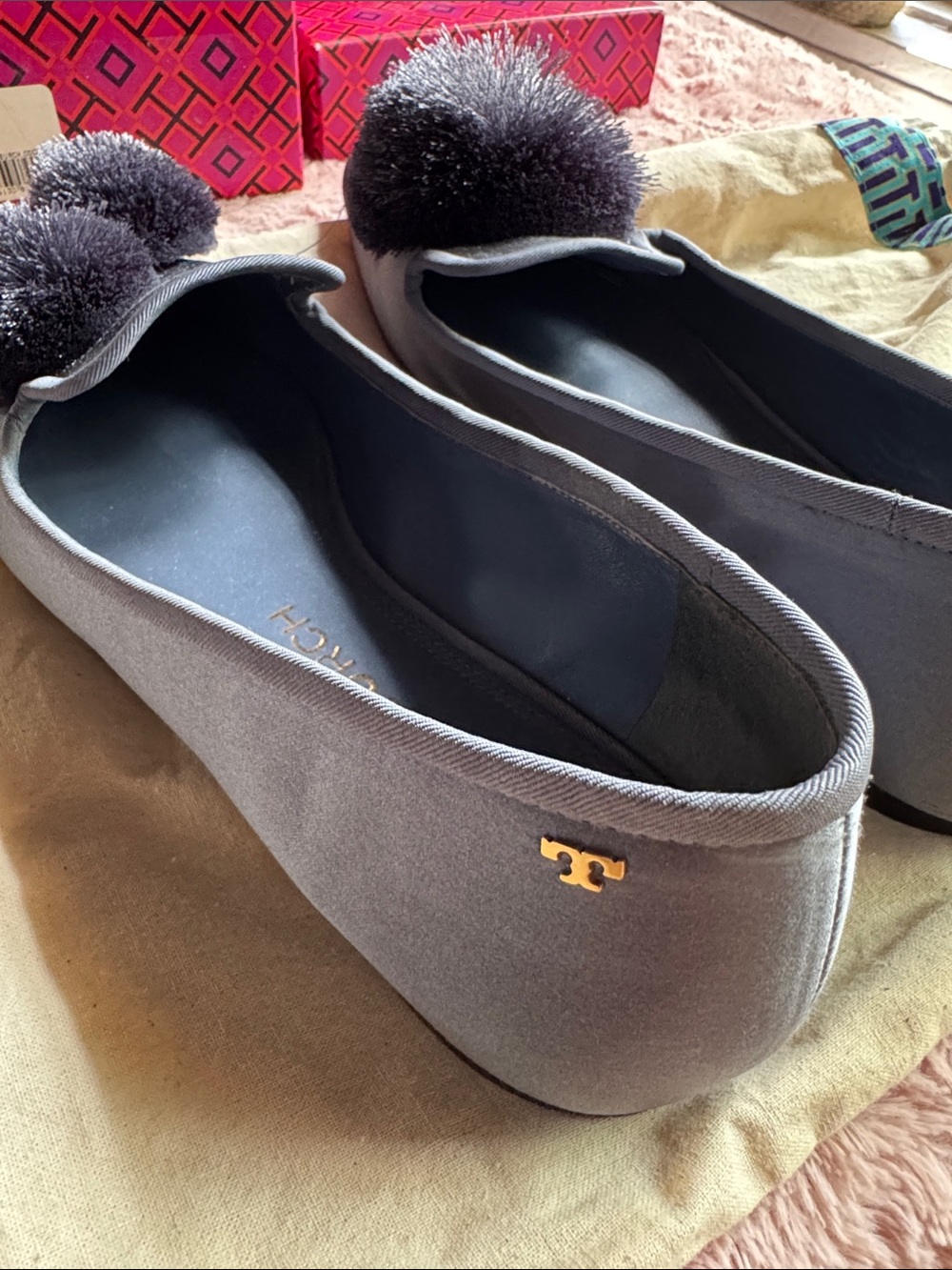 Tory Burch Slate Gray Leather Pom-Pom Loafers - Picture 7 of 14